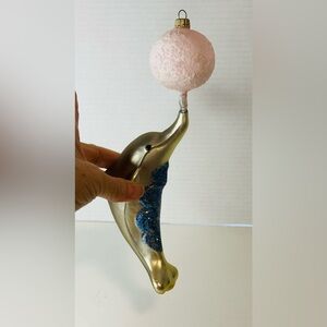 Kugel Germany Blown Glass Glitter Dolphin W/ Ball On Nose Made In Germany 9”